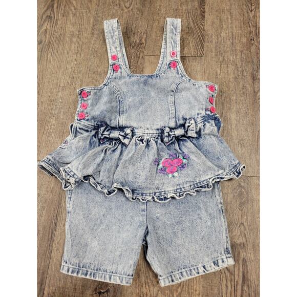 Happy Kids Vintage 1990s Acid Washed Bib Overalls Ruffle Skirt Embroidered 6x - Picture 1 of 5